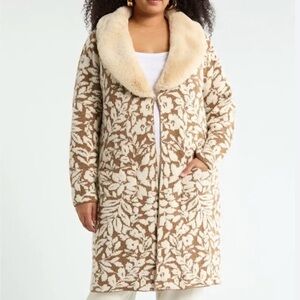 DR2 Tan Women’s Cream Floral Faux Fur Collar Sweater Coatigan Plus 1X NWT